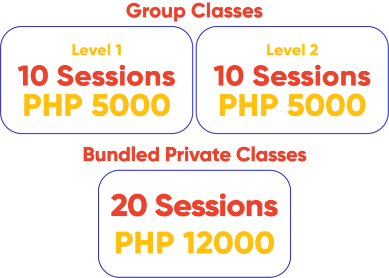 Group Classes Pricing: Level 1 - 5000 Pesos - 10 Sessions; Level 2 - 5000 Pesos - 10 Sessions;; Bundled Private Classes: 12000 Pesos -20 Sessions