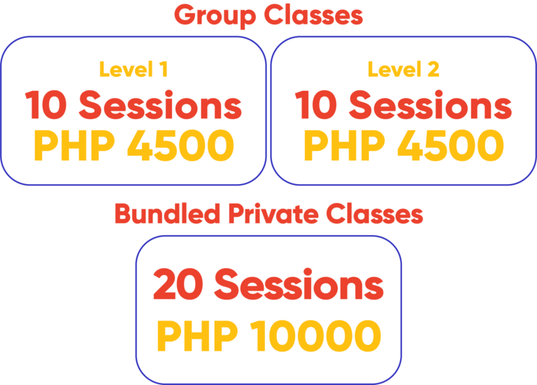 Group Classes Pricing: Level 1 - 4500 Pesos - 10 Sessions; Level 2 - 4500 Pesos - 10 Sessions;; Bundled Private Classes: 10000 Pesos -20 Sessions