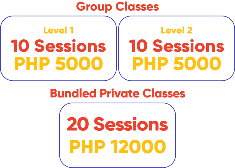 Group Classes Pricing: Level 1 - 5000 Pesos - 10 Sessions; Level 2 - 5000 Pesos - 10 Sessions;; Bundled Private Classes: 12000 Pesos -20 Sessions