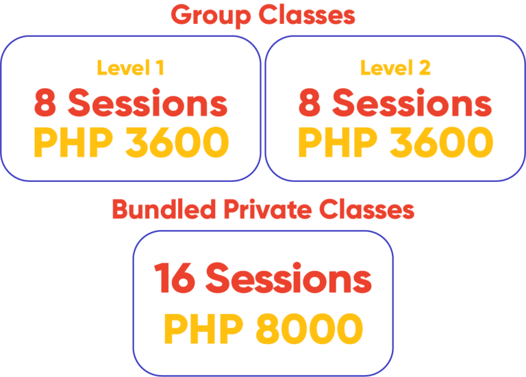 Group Classes Pricing: Level 1 - 3600 Pesos - 8 Sessions; Level 2 - 3600 Pesos - 8 Sessions;; Bundled Private Classes: 8000 Pesos -16 Sessions
