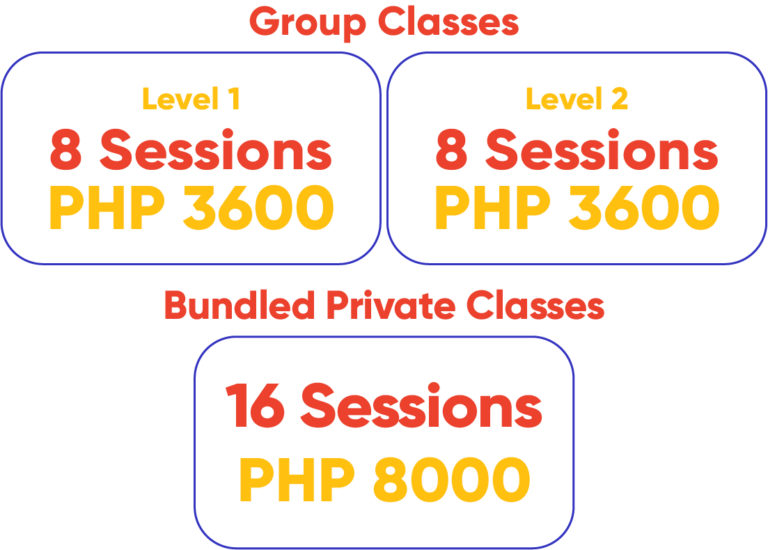 Group Classes Pricing: Level 1 - 3600 Pesos - 8 Sessions; Level 2 - 3600 Pesos - 8 Sessions;; Bundled Private Classes: 8000 Pesos -16 Sessions
